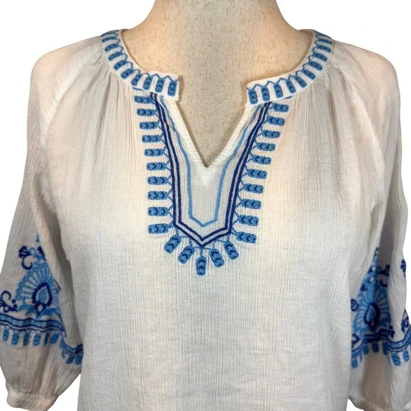 Talbots Gauze Cotton Embroidered Blouse White Blue Boho Peasant Cottagecore PM - Picture 2 of 8